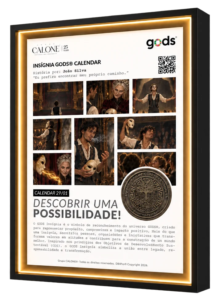 Ins&iacute;gnia GODS&reg; Calendar de Jo&atilde;o Silva: quadro iluminado com a hist&oacute;ria &ldquo;Descobrir uma possibilidade!&rdquo; e o selo da ins&iacute;gnia